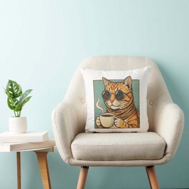 Cool Cat Coffee Retro Style Design for Cat Lovers Throw Pillow (Chair)