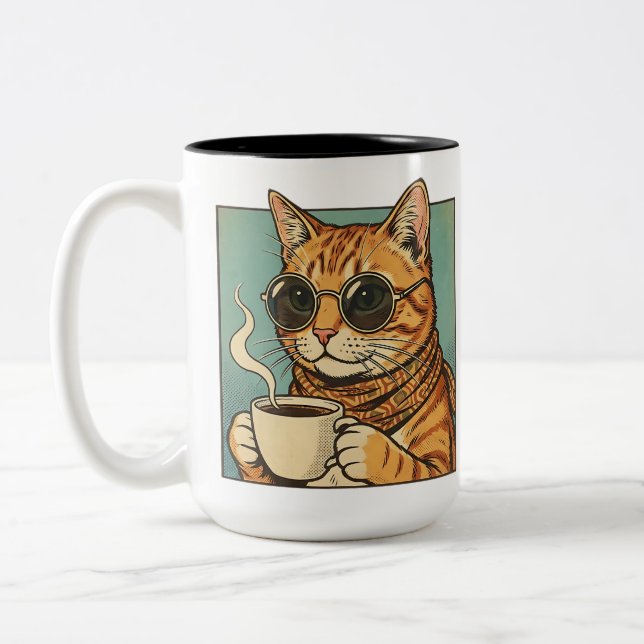 Cool Cat Coffee Retro Style Design for Cat Lovers Two-Tone Coffee Mug (Left)