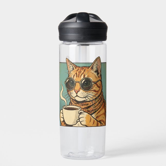 Cool Cat Coffee Retro Style Design for Cat Lovers Water Bottle (Front)