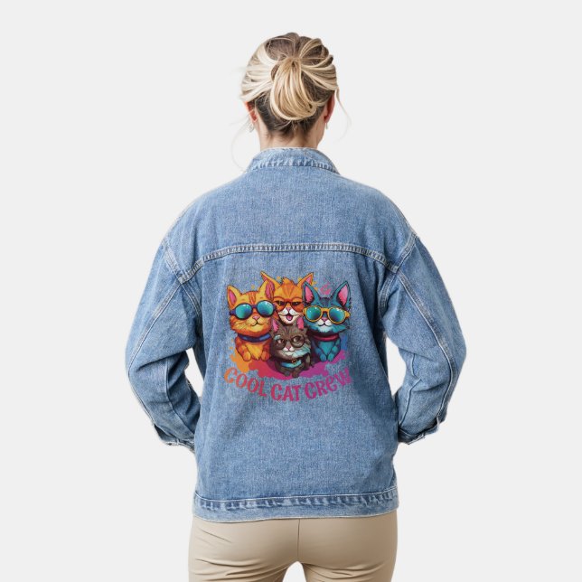 Cool Cat Crew Assorted Cats Wearing Sunglasses Denim Jacket (Model)