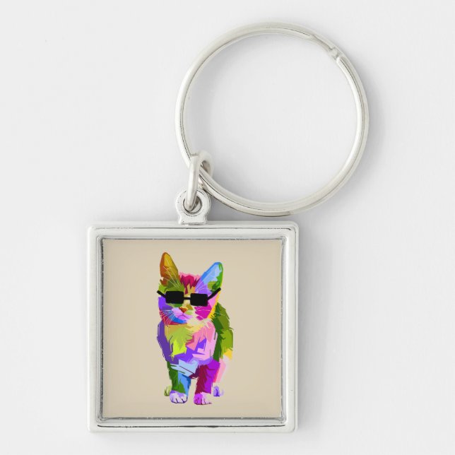 Cool Cat cute pop art cat with sunglasses Keychain (Front)