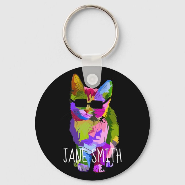 Cool Cat cute pop art cat with sunglasses name Keychain (Front)