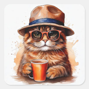 Cool Cat Drinking Coffee Square Stickers