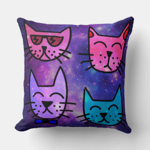 Cool Cat Faces on a Space Background Throw Pillow