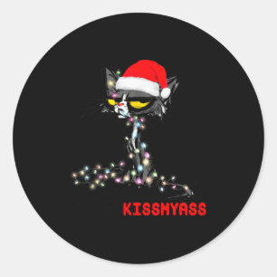 Cool Cat Hat Merry Kiss My Christmas Classic Round Sticker
