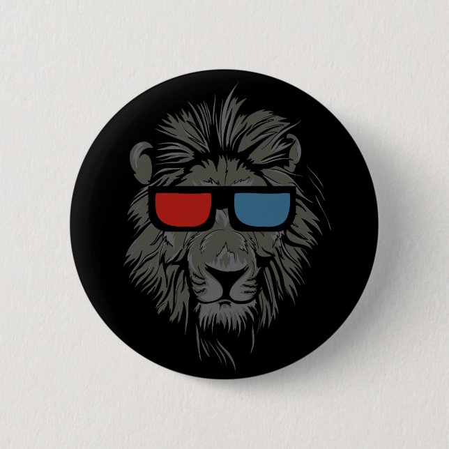 Cool Cat Lion with 3-D glasses black button pin (Front)