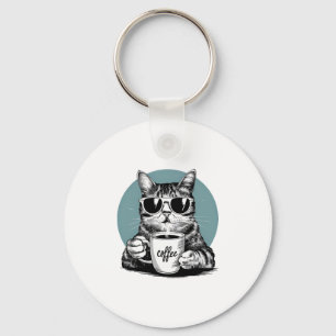 Cool Cat Mornings � Coffee, Shades & Attitude Keychain