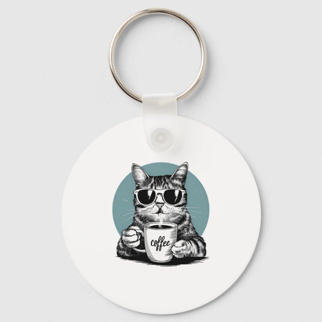 Cool Cat Mornings � Coffee, Shades & Attitude Keychain (Front)