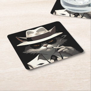 Cool Cat Noir: Suave and Mysterious Feline Square Paper Coaster