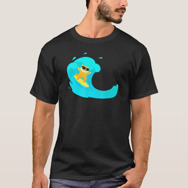 Cool Cat On Surfboard Riding Wave T-Shirt (Front)