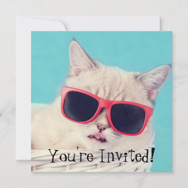 Cool Cat Party Invites Aqua Blue (Front)