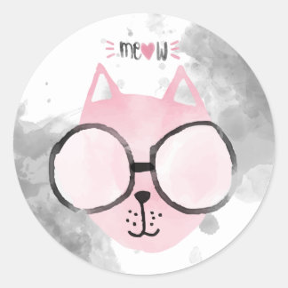 Cool Cat Pink Watercolor Meow Classic Round Sticker