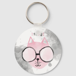 Cool Cat Pink Watercolor Meow Keychain