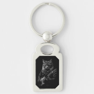 Cool Cat Playing Electric Guitar Keychain