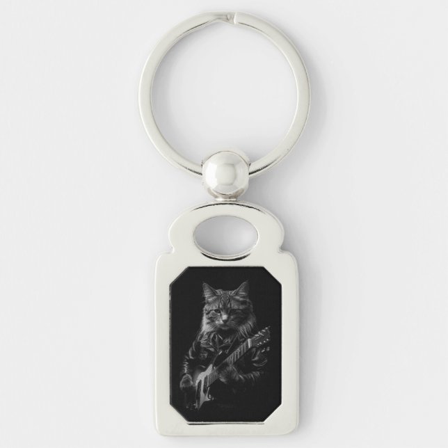 Cool Cat Playing Electric Guitar Keychain (Front)