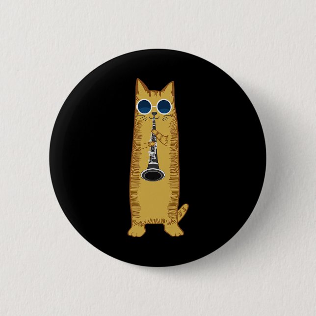 Cool Cat Playing The Clarinet Design Hippy Hipster 2 Inch Round Button (Front)