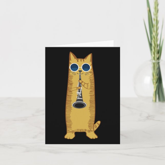 Cool Cat Playing The Clarinet Design Hippy Hipster Card (Front)