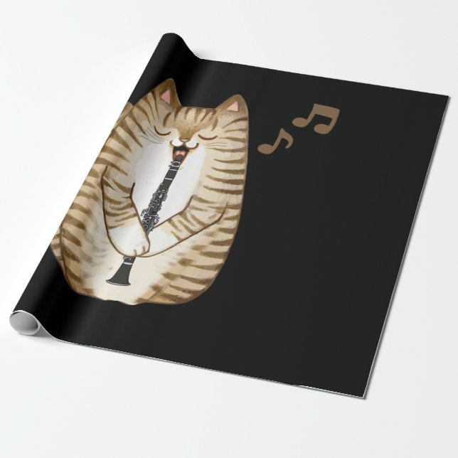 Cool Cat Playing The Clarinet Design Hippy Hipster Wrapping Paper (Unrolled)