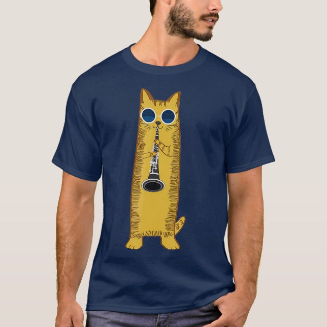Cool Cat Playing The Clarinet Design Hippy Kitty T-Shirt (Front)