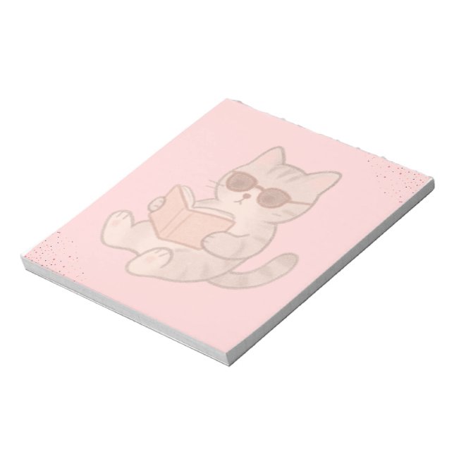 Cool Cat Reading Book Pastel Pink Esthetic Notepad (Rotated)