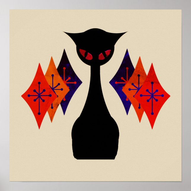 Cool Cat Red Eye Mid Century Retro Art Poster (Front)