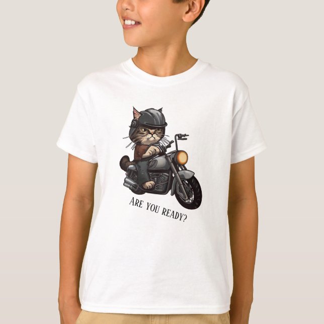 Cool Cat Riding Motorcycle Are you ready T-Shirt (Front)