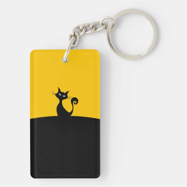 Cool Cat Silhouette Whimsical Designer Custom Keychain (Back)