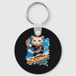 Cool Cat Surfing On Pizza Keychain