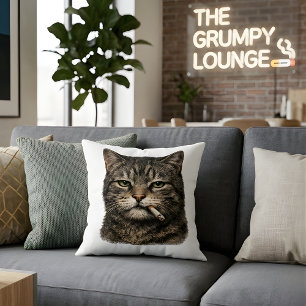 "Cool Cat with Cigarette" Edgy Tabby Cat Throw  Pillow