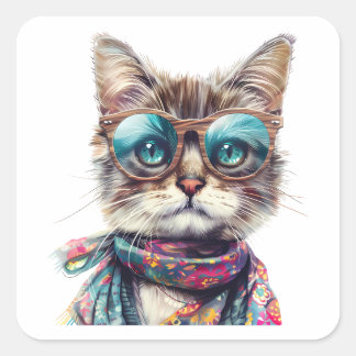 Cool Cat with Glasses Square Sticker