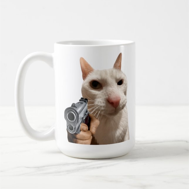 Cool  Cat With Gun Funny Meme Coffee Mug (Left)