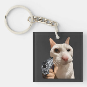 Cool Cat With Gun Funny Meme t-shirt Keychain