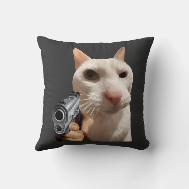 Cool Cat With Gun Funny Meme  Throw Pillow (Back)