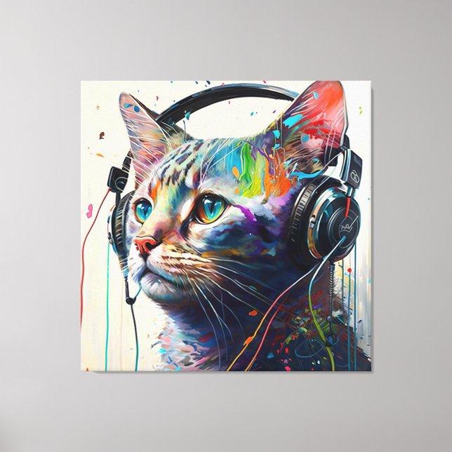  Cool Cat with Headphones – Music Lover’s Art Prin Canvas Print (Front)