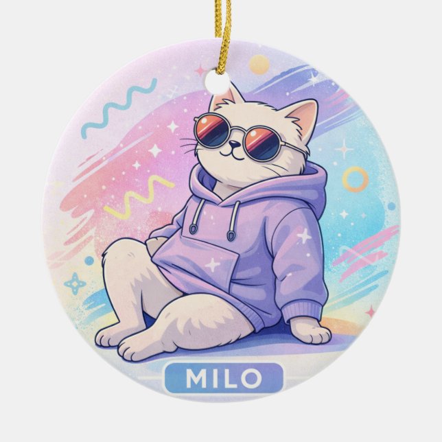 Cool Cat with Name MILO | Cute Aesthetic  Ceramic Ornament (Front)