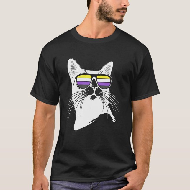 Cool Cat with Nonbinary Pride Sunglasses Fun Enby T-Shirt (Front)