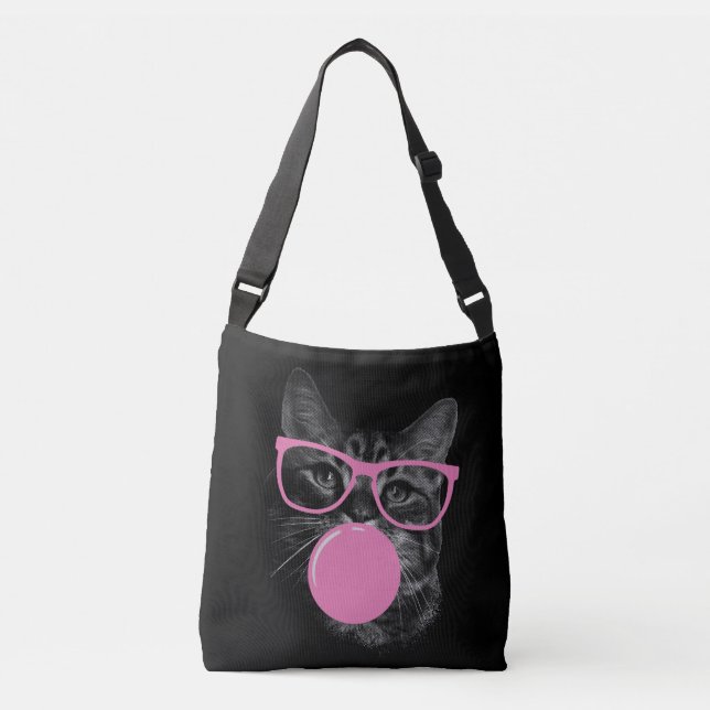 Cool Cat with Pink Glasses & Bubble Gum  Crossbody Bag (Front)