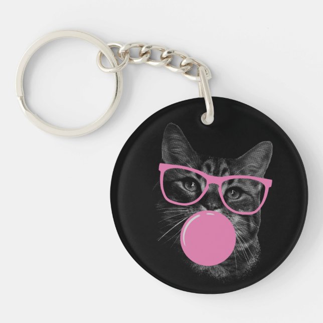 Cool Cat with Pink Glasses & Bubble Gum  Keychain (Front)