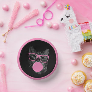 Cool Cat with Pink Glasses & Bubble Gum  Paper Plate
