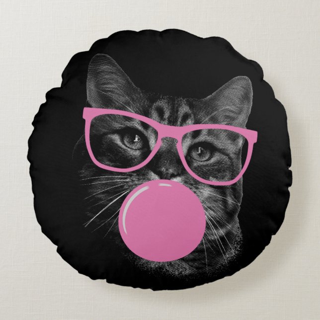 Cool Cat with Pink Glasses & Bubble Gum  Round Pillow (Front)