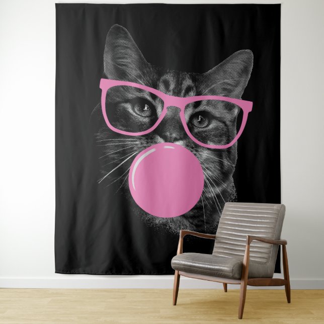 Cool Cat with Pink Glasses & Bubble Gum  Tapestry (In Situ)