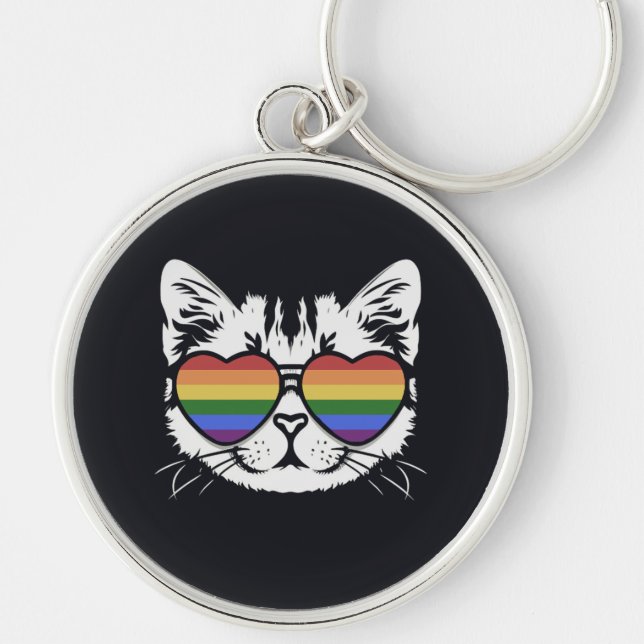Cool Cat With Pride LGBT Flag Glasses Keychain (Front)