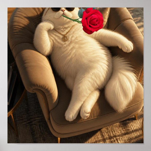 Cool Cat with Sunglasses & Red Rose Poster (Front)