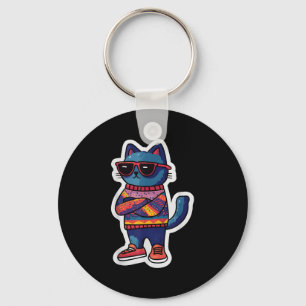 Cool Cat With Sungles Retro Style Funny Animal Keychain
