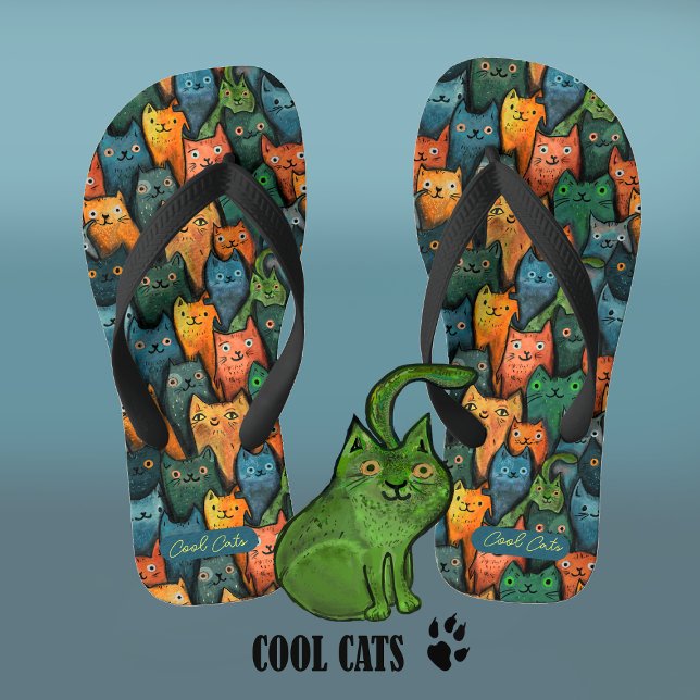 Cool Cats Colourful Watercolor Flip Flops (Creator Uploaded)