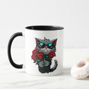 Cool Cats Holding Red Roses Flowers Glasses Love Mug
