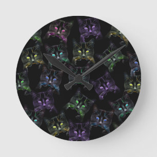 Cool Cats on Black! Multi-coloured Cats Round Clock