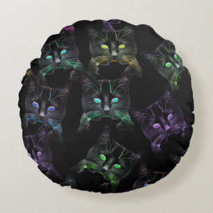 Cool Cats on Black! Multi-Coloured Funky Cats. Round Pillow