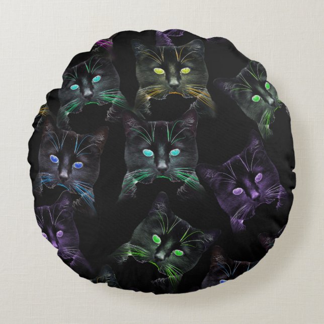 Cool Cats on Black! Multi-Coloured Funky Cats. Round Pillow (Front)