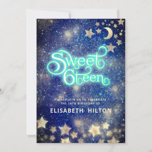 Cool Celestial moon and stars typography sweet 16 Invitation